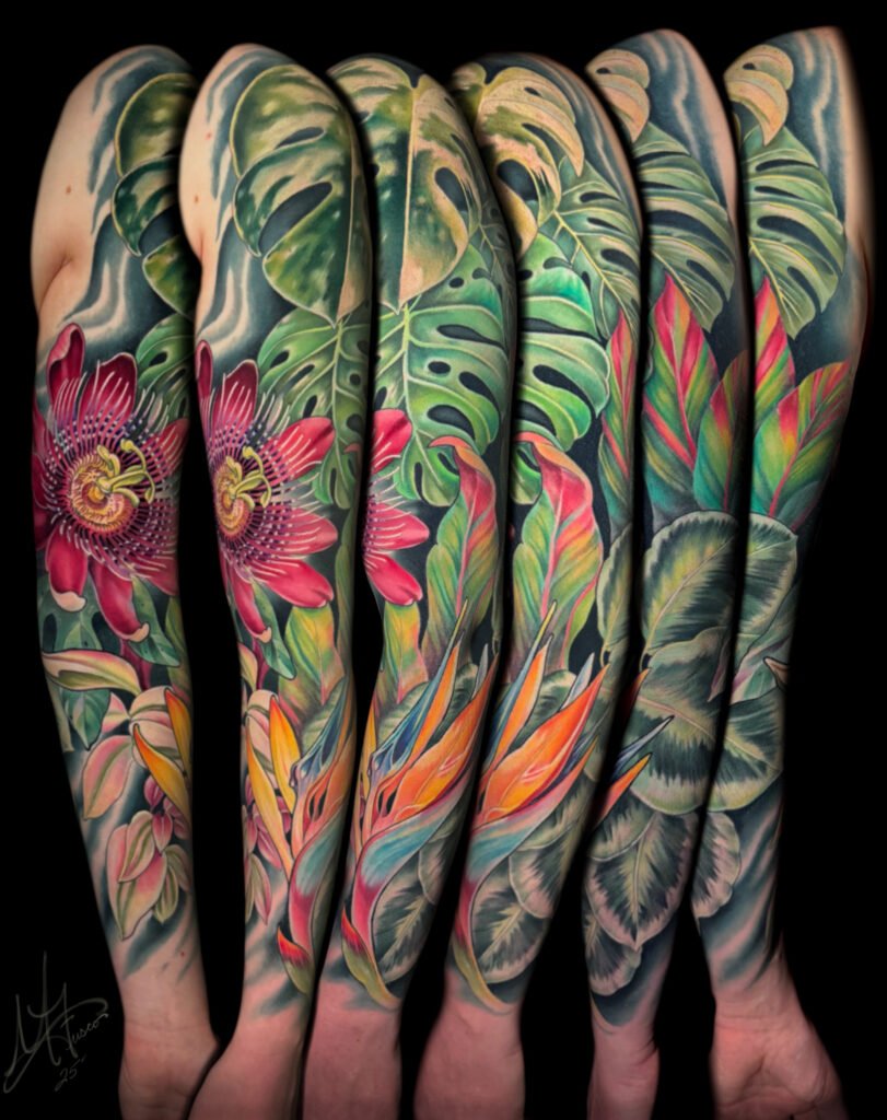 Realistic full color tattoo,  tattoo artist in evergreen Colorado, best color tattoo artist Colorado, color tattoo artist Evergreen Colorado, award winning artist Colorado, Cover up tattoo laser tattoo removal, black sage laser tattoo removal, melis fusco tattoo artist, plant tattoo sleeve, tropical plant tattoo sleeve