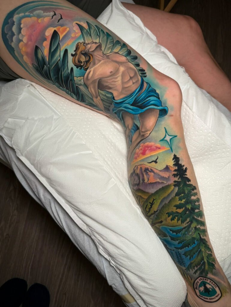 Realistic full color tattoo,  tattoo artist in evergreen Colorado, best color tattoo artist Colorado, color tattoo artist Evergreen Colorado, award winning artist Colorado, Melis fusco tattoo artist evergreen Colorado, Icarus realistic color tattoo, pct tattoo 