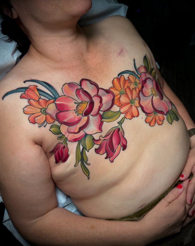 Double mastectomy tattoo, cancer survivor tattoo art, Colorado tattoo chest piece tattoo, melis fusco artist, chest reconstruction, flatty chest women cancer survivor, 