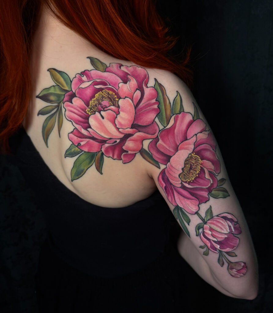 Peony tattoo color, feminine flower tattoo, neo trad color tattoo,  tattoo artist in Colorado, best color tattoo artist Colorado, color tattoo artist Evergreen Colorado, award winning artist Colorado, Cover up tattoo laser tattoo removal, black sage laser tattoo removal,