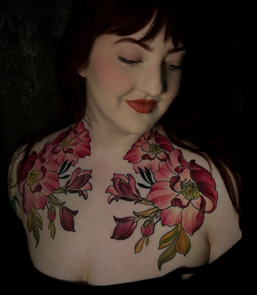 Luna moth tattoo, chest piece tattoo, tattoos for women, dark floral gothic tattoo, torso tattoo for women, Colorado tattoo artist Denver Colorado, evergreen Colorado, melis fusco tattoo artist, best color tattoo artists in Colorado 