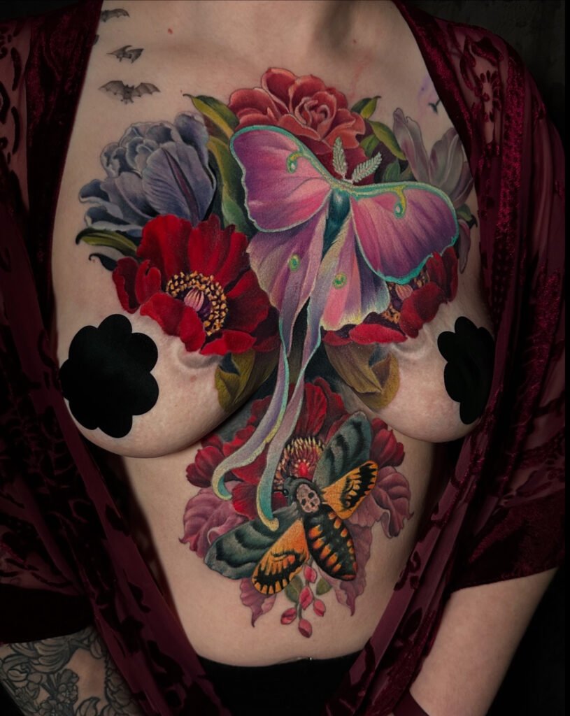 Luna moth tattoo, chest piece tattoo, tattoos for women, dark floral gothic tattoo, torso tattoo for women, Colorado tattoo artist Denver Colorado, evergreen Colorado, melis fusco tattoo artist, best color tattoo artists in Colorado 