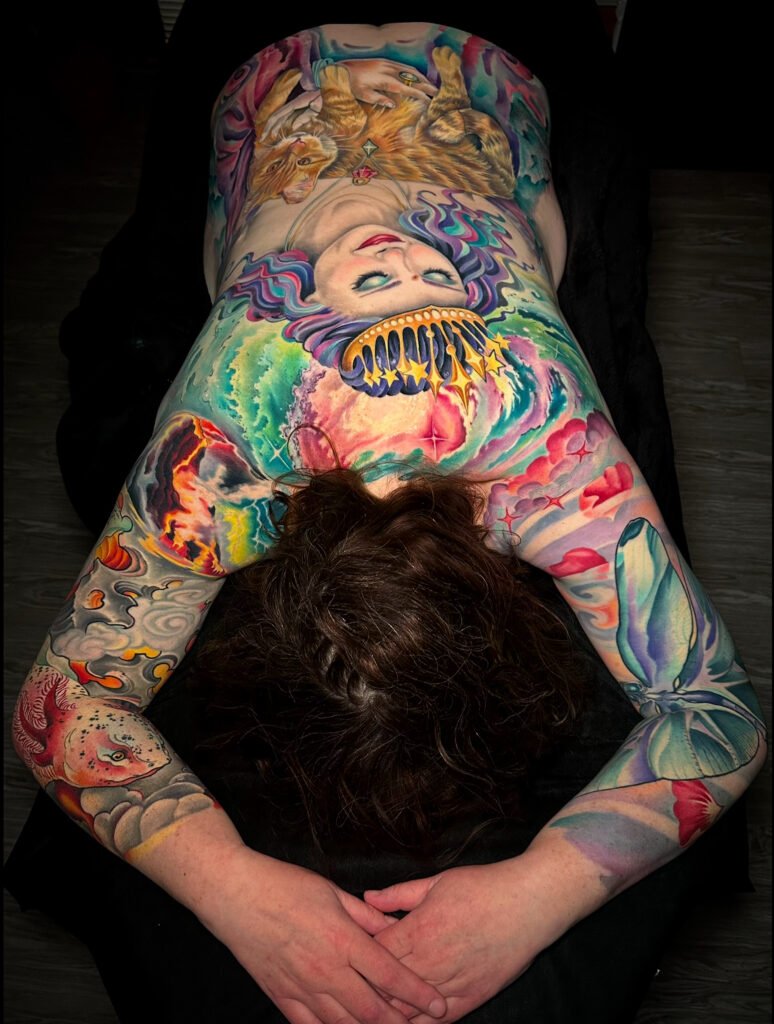 Full body suit tattoo, tattoos for women, 4 elements tattoo, large scale color tattoo artist Denver Colorado, evergreen Colorado, black sage studio, black sage laser tattoo removal, cover up tattoo 