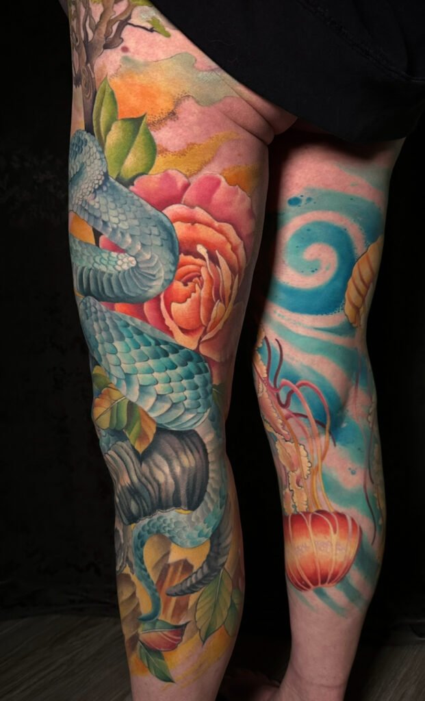 4 elements Colorado tattoo artist evergreen, body suit tattoo, tattoos for women,  snake tattoo, jelly fish tattoo, leg sleeve tattoos, 