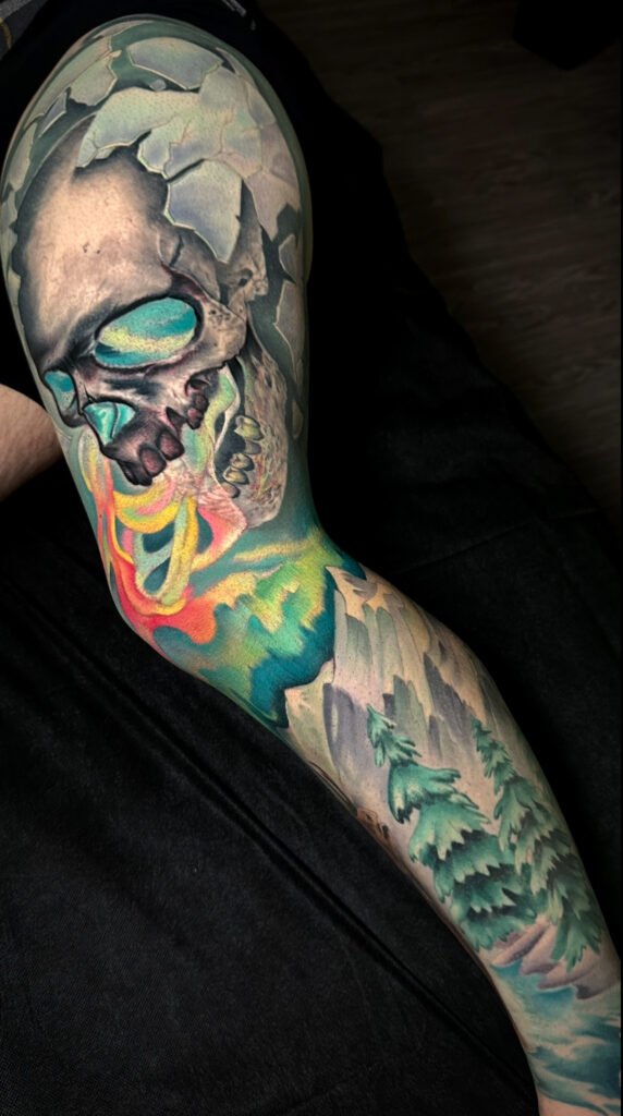 Space tattoo, nebula color tattoo, Colorado tattoo artist, melis fusco tattooist, leg sleeve tattoo, Skull tattoo, dead astronaut tattoo,
