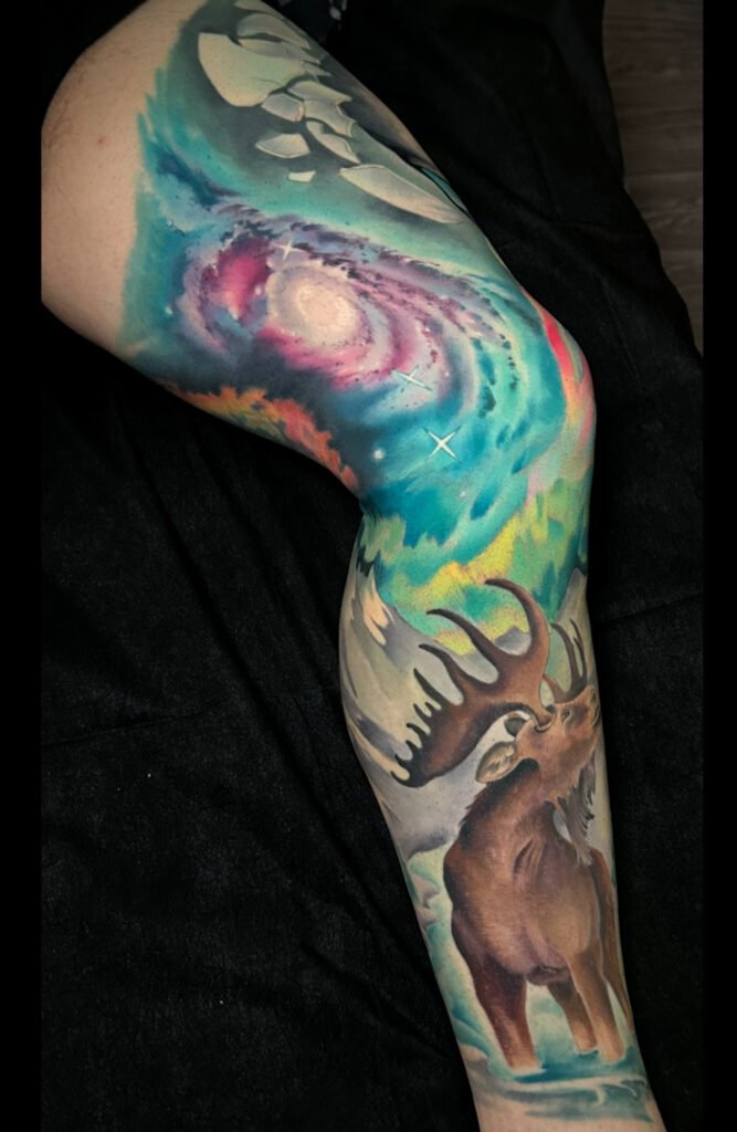 Space tattoo, nebula color tattoo, Colorado tattoo artist, melis fusco tattooist, leg sleeve tattoo, 