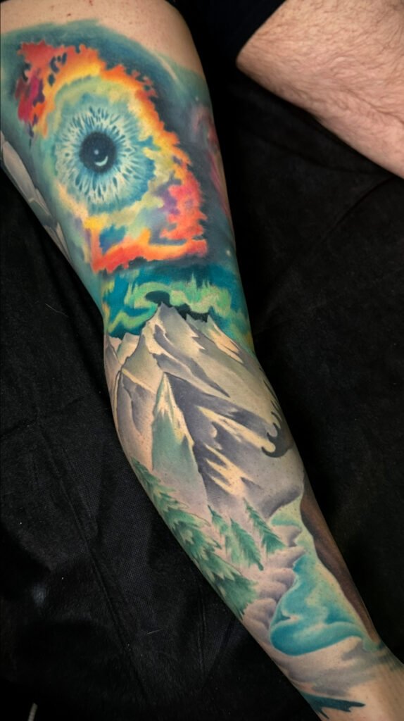 Space tattoo, nebula color tattoo, Colorado tattoo artist, melis fusco tattooist, leg sleeve tattoo, 